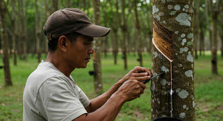Rubber tree tapping skillful hands harvest natural latex sustainable process