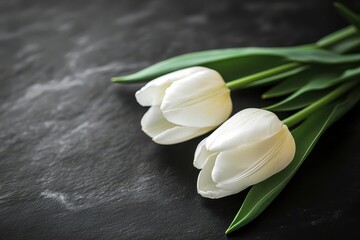 Two white tulips are lying on a dark stone background with green leaves. Use for sympathy cards, funeral announcements, or memorial service programs.