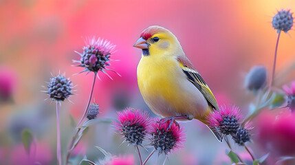 A vibrant yellow bird perches among pink thistle flowers.