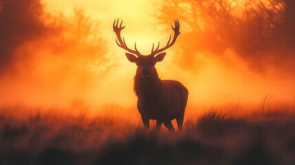 Majestic stag silhouetted against a fiery sunrise.