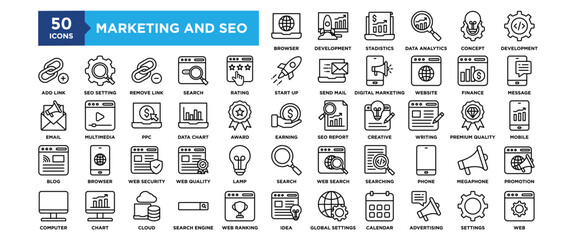 50 Marketing and SEO icon set. Containing design Target Audience, Keyword Research, Social Media, Content Creation, Analytics	