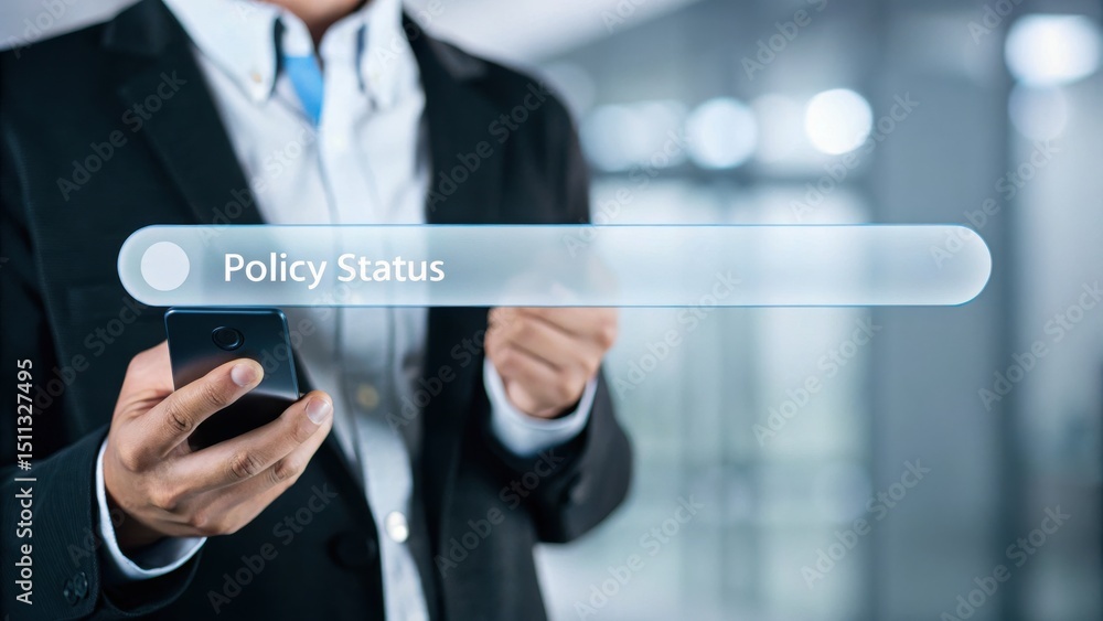 Poster a businessman in a suit checks policy status on a smartphone with a digital search bar overlay.