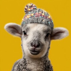 Adorable Lamb Wearing Festive Knit Hat Winter Holiday Season Cute Fluffy Sheep Animal Portrait Studio Shot Yellow Background Happy Expression Warm Cozy Sweet Innocent    