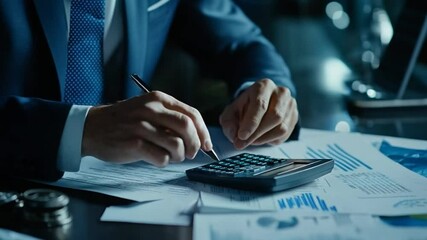 Professional businessman analyzing financial data with calculator and pen for report - Powered by Adobe