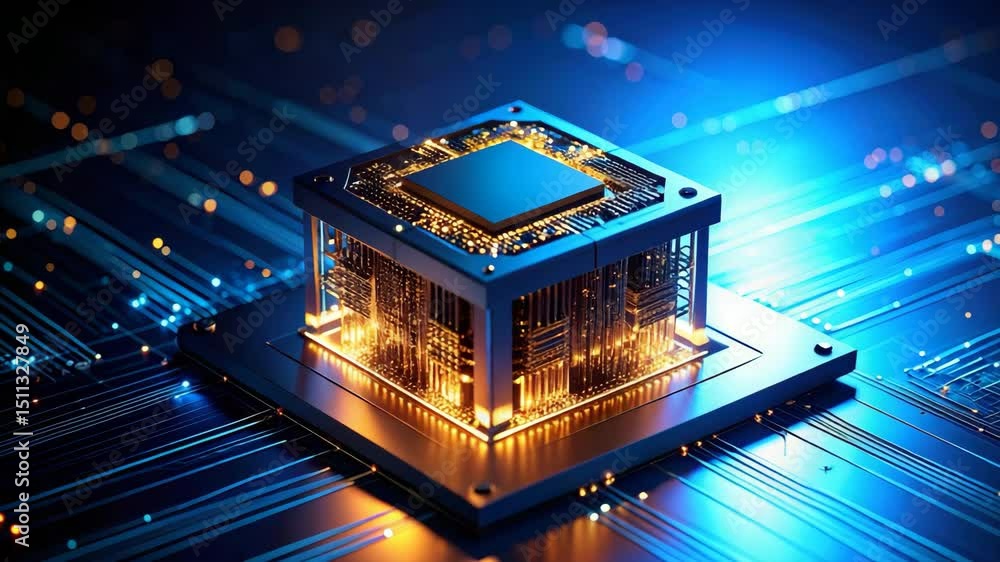 Poster detailed close-up of a computer processor circuit board with complex microchip design elements