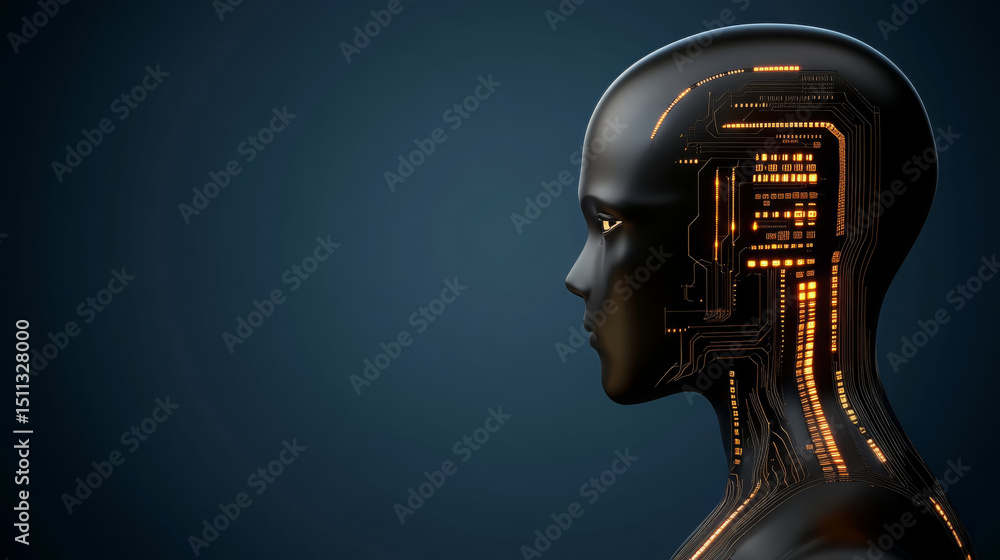 Aufkleber sleek and modern humanoid robot head with glowing circuits and dark background
