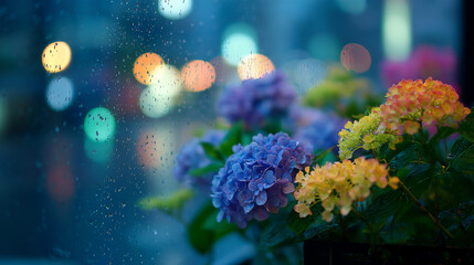 Background picture, flowers blooming in the rain
