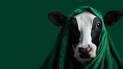 Mysterious Cow Portrait Green Emerald Shawl Elegant Animal Photography Studio Shot High Resolution Image Detailed Cow Face Black and White Cow Green Background Farm      