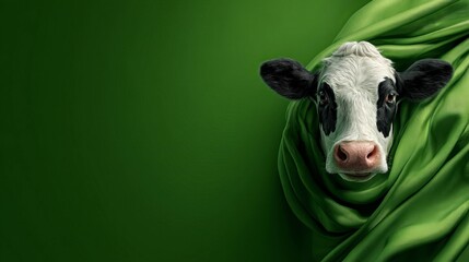 Stunning Closeup Portrait of a Cow Wrapped in Elegant Green Silk Fabric High Resolution Digital Art Image Perfect for Print Advertising and Branding Projects Green       