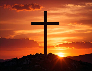 Silhouetted Crucifix at Sunset A Fiery Horizon Image