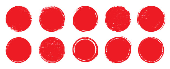 Japan circle red sun brush stamp watercolor paint shape sets. Hand drawn rough red Japanese flag circle shape ink brush stroke texture. Grunge asian rough badge element pack. Vector illustration