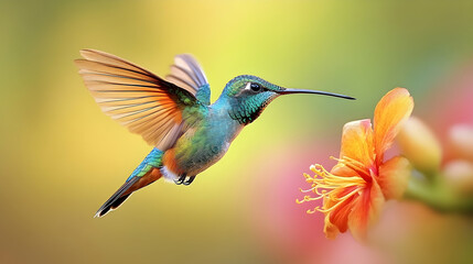 Fototapeta premium Vibrant hummingbird in flight near a flower.