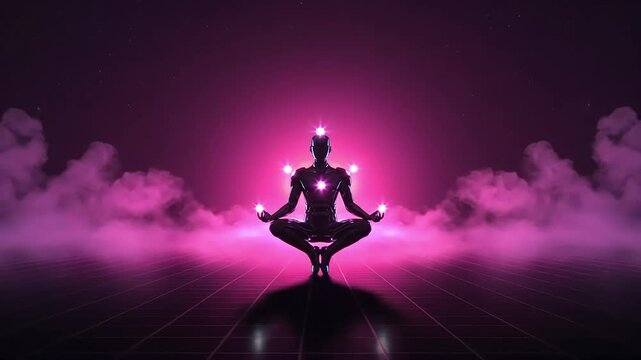 Levitating meditating silhouette in chrome armor with glowing chakra nodes, surrounded by mist against a reticulated horizon and pink-purple glowing sky. A concept of futuristic spiritual ascension