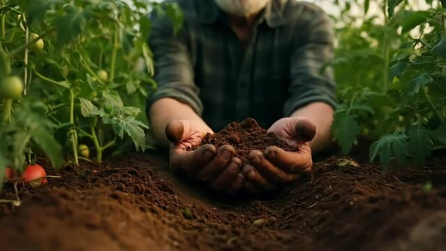 Bearded elderly man in a tomato greenhouse gently holding fertile soil from the greenhouse, surrounded by green vegetation. The concept of healing, care and connection to the earth
