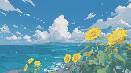 Background picture: Sunflowers growing vigorously by the coast
