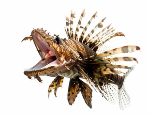 Majestic Lionfish A Portrait of Aquatic Elegance with Open Jaws