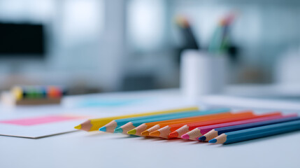 Colored pencils are placed on the desktop, showing the background of the office work of painting professionals
