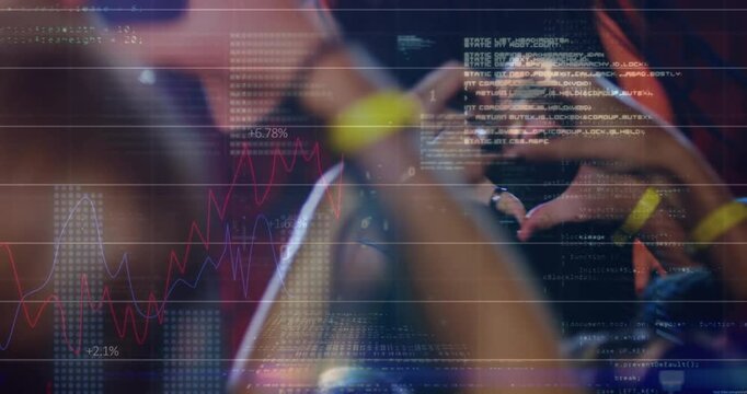 Fans forming heart shapes reacting as digital interface fading in and charts intensifying tech vibe