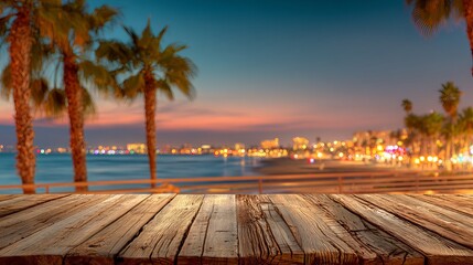 Scenic Sunset Beach Wooden Deck Tropical Palm Trees Night City Lights Summer Vacation Ocean View Coastal Landscape Summertime Evening Relaxation Holiday Background Image 