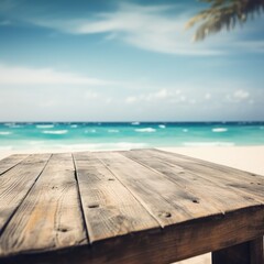Fototapeta premium Serene Beach with Wooden Table