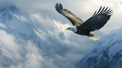 Majestic bald eagle soaring above snow-capped mountains.