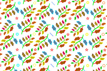 Colorful floral seamless pattern. Bright botanical leaves and flowers design. Decorative nature pattern for fabric or wallpaper. Vibrant floral illustration. Cute colorful floral and flower pattern.
