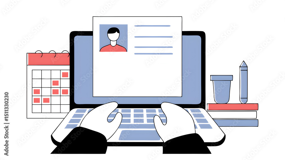 Poster business man working on laptop computer and application form information for the searching job or fi