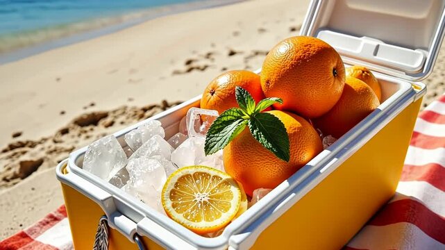 Fresh oranges in yellow cooler with ice on sandy beach  