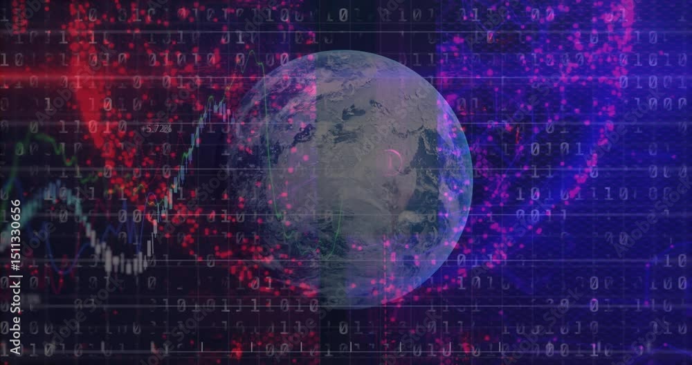 Poster loading globe rotating, binary scrolling, red-purple clouds drifting and financial chart emerging