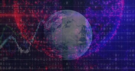 Loading globe rotating, binary scrolling, red-purple clouds drifting and financial chart emerging - Powered by Adobe