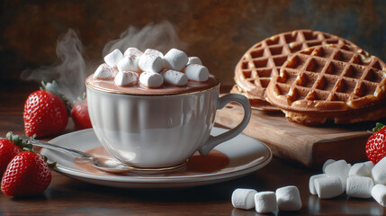 Cup of hot chocolate with marshmallows and strawberries on the side, with waffles in background.