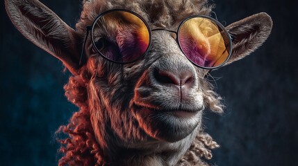 Stylish Sheep Portrait Cool Retro Sunglasses Fashionable Animal Photography Studio Shot Warm Tones Fluffy Fur Adorable Sheep Closeup  Exceptional Quality Image art pet   