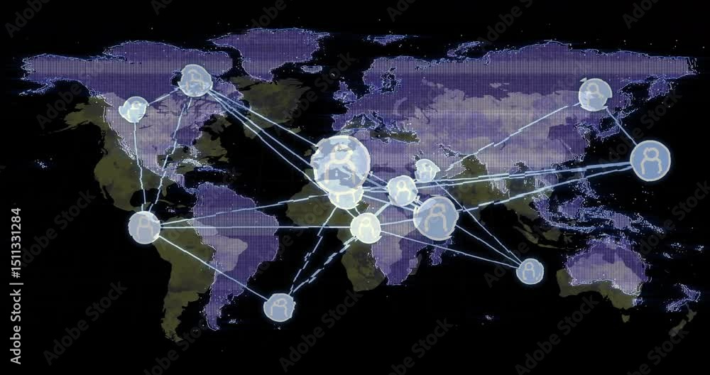 Poster single node appearing over europe sending glowing lines to nodes pulsing to show global data flow