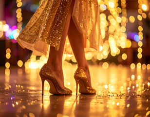 Golden Glamour A Sparkling Close-Up of Elegant High Heels at a Festive Party