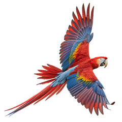 Fototapeta premium A scarlet macaw mid-flight with wings fully spread, bright feathers, and dynamic movement.