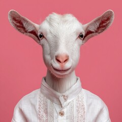Adorable White Goat Wearing Elegant White Shirt Pink Background Funny Animal Portrait Studio Shot Cute Farm Animal Fashion Pet Clothing Goat Photography art young rural  