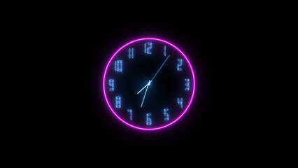 Abstract neon clock icon illustration. on a black background. 4k illustration. 