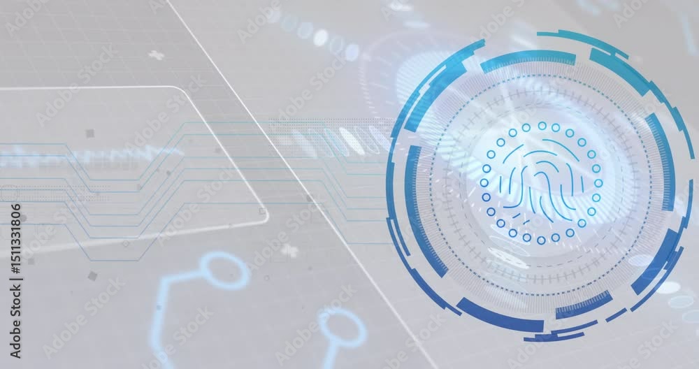 Poster dotted grid appearing initiating circuit lines connecting to pulsing fingerprint verifying identity