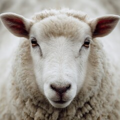 Close Up Portrait of a Fluffy White Sheep Peaceful Farm Animal Serene Nature Photography Detailed Wool Texture Soft Fur Gentle Eyes Innocent Expression Farmland Scenery  