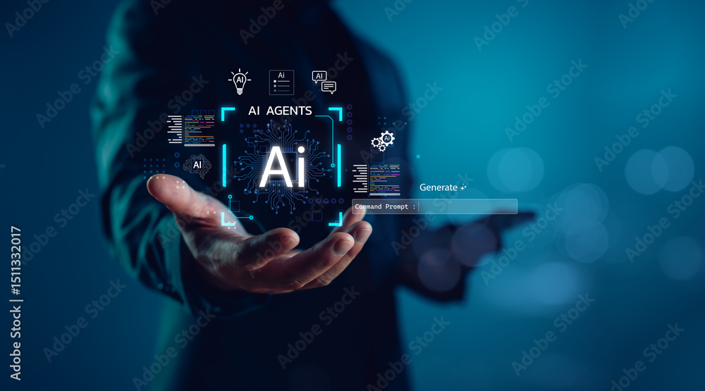 Aufkleber ai agents innovation concept. futuristic digital interface with artificial intelligence icons, comma