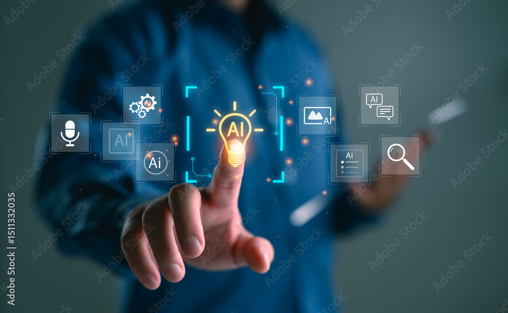 Poster ai innovation interface with user touching virtual light bulb icon, symbolizing artificial intellige
