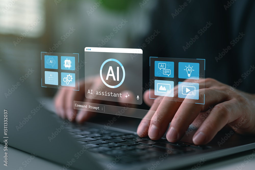 Fototapete AI assistant dashboard interface with hands typing on laptop and virtual command prompt, representing artificial intelligence tools, smart assistant system, and digital automation solutions.