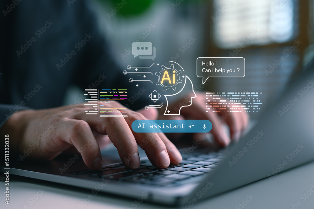 Poster AI assistant interaction concept showing user typing on laptop with virtual chatbot interface, representing artificial intelligence communication, smart support, and natural language processing.