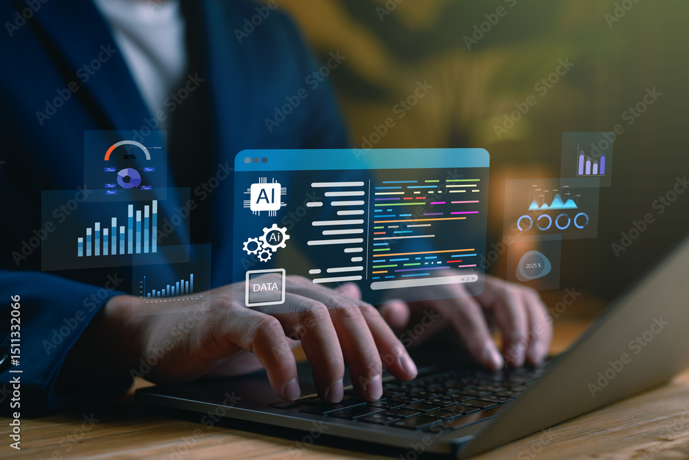 Aufkleber Web developer using AI tools. Hands typing on laptop with digital code interface and data analytics dashboard, representing artificial intelligence in software development and coding productivity.