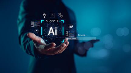 AI Agents innovation concept. Futuristic digital interface with artificial intelligence icons, command prompts, and data flow visuals for tech, automation, and machine learning themes.