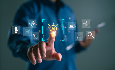AI innovation interface with user touching virtual light bulb icon, symbolizing artificial intelligence ideas, smart assistant, digital tools, machine learning, and futuristic technology.