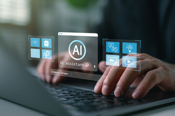 AI assistant dashboard interface with hands typing on laptop and virtual command prompt, representing artificial intelligence tools, smart assistant system, and digital automation solutions.