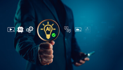 AI technology selection concept. Businessman holding magnifying glass with AI light bulb icon, symbolizing analysis, research, and choosing the right artificial intelligence solutions.