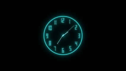 Abstract neon clock icon illustration. on a black background. 4k illustration. 