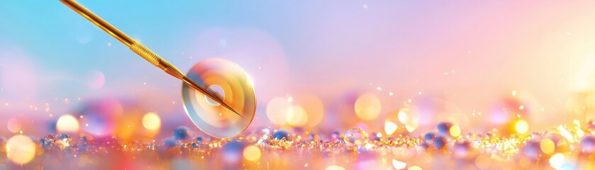 Fototapeta premium Gold Paintbrush Touching Circular Surface with Colorful Background